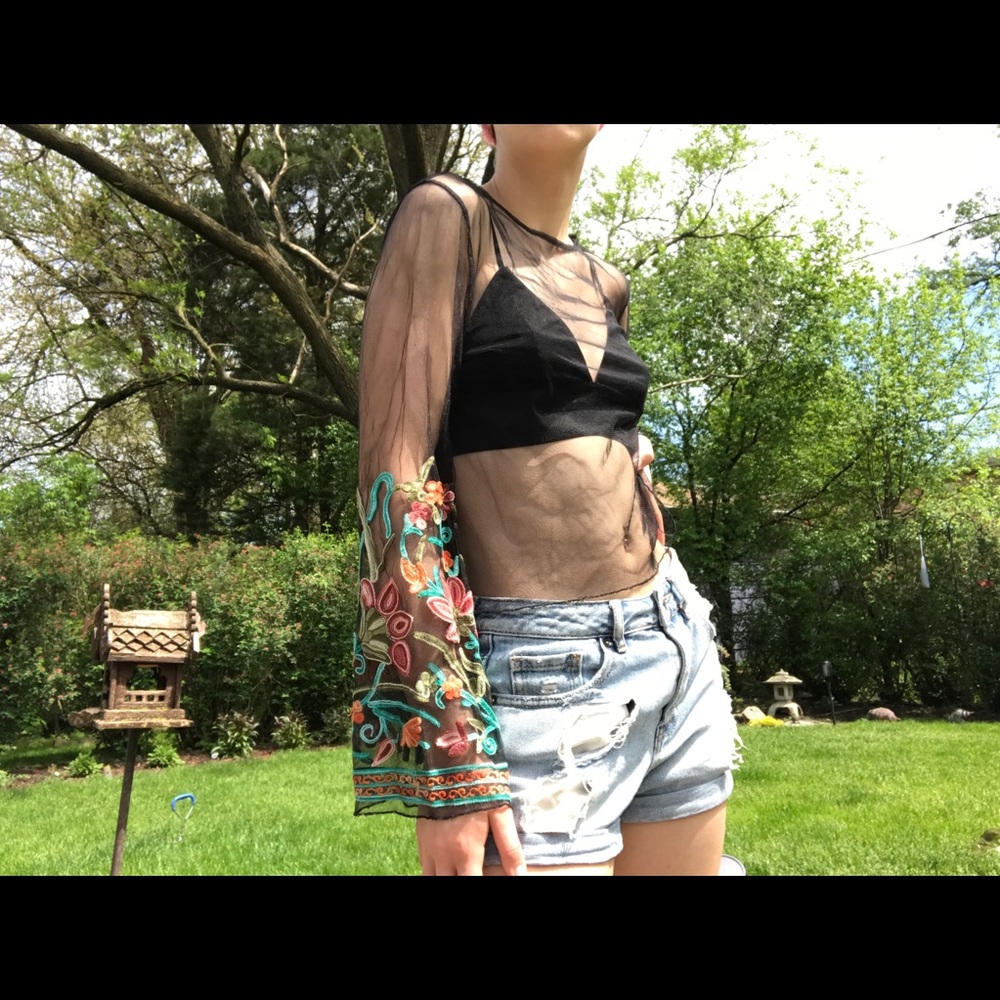 Sheer mesh top intricate flower design embroidery
